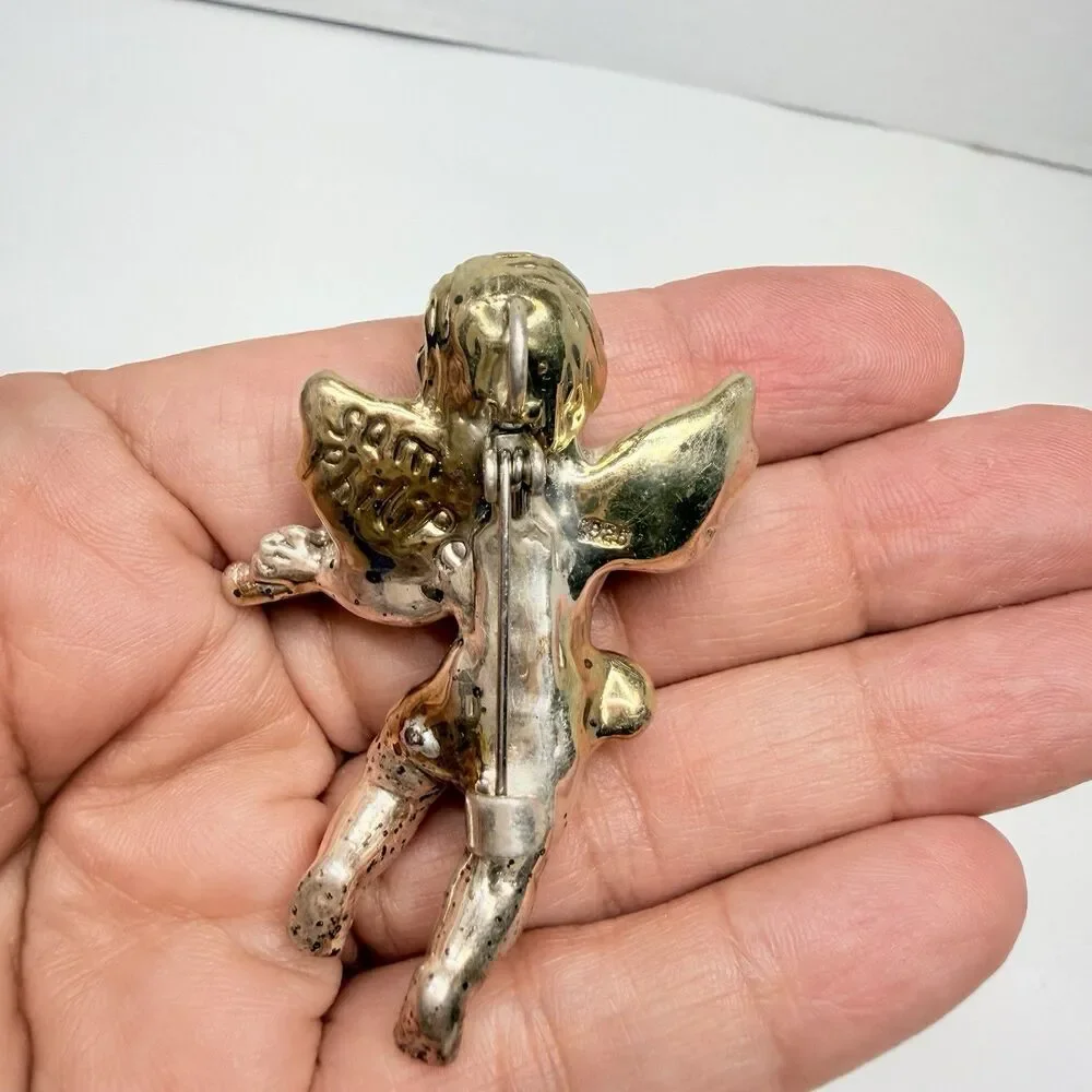 Vintage Sam Philipe 925 Sterling Silver And Gold Overlay Cherub Angel Brooch